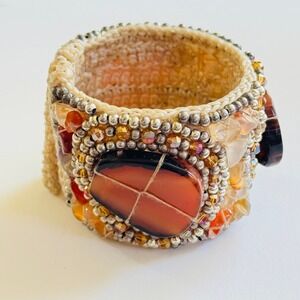 Carnelian semi-precious stone quilted Crochet Wire Bracelet cuff Beads BOHO